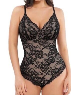 Popilush Lace Bodysuit Black Nude Sculpting Compression Shapewear - L